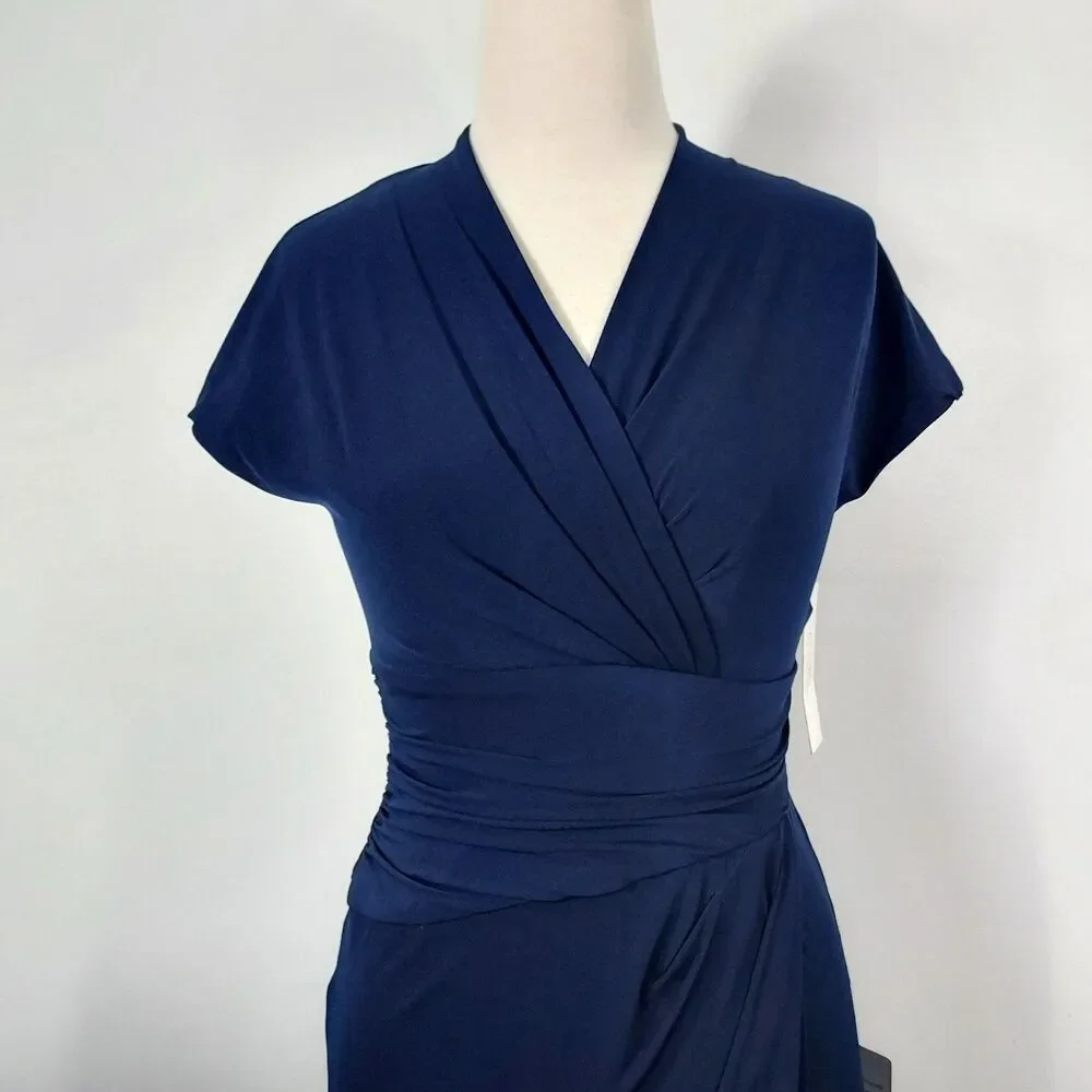 Ivy & Blu Maggy Boutique V-Neck Navy Blue Faux Wrap Dress Size 4 Flowy New